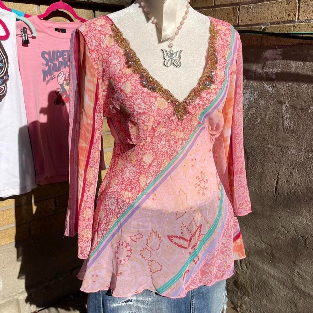 Boho Pink Floral V-Neck Blouse with Gold Trim